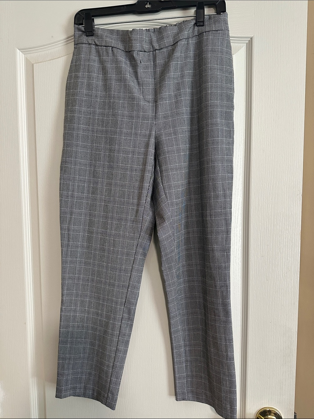 Elastic waist Gray Glen Plaid black Straight-Leg Trousers with side pockets